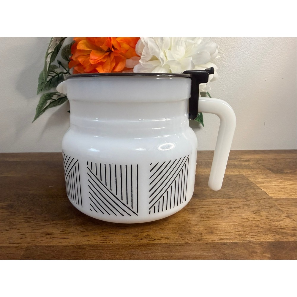 Vintage Arcopal‎ France Milk Glass Carafe Black Geometric Pattern MCM Kitchen